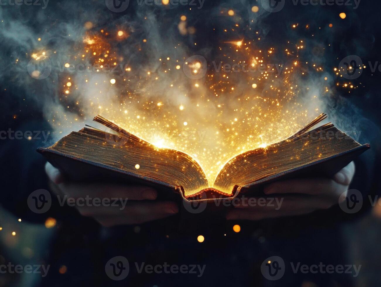 Hands hold an ancient book with glowing magical sparks at dusk photo
