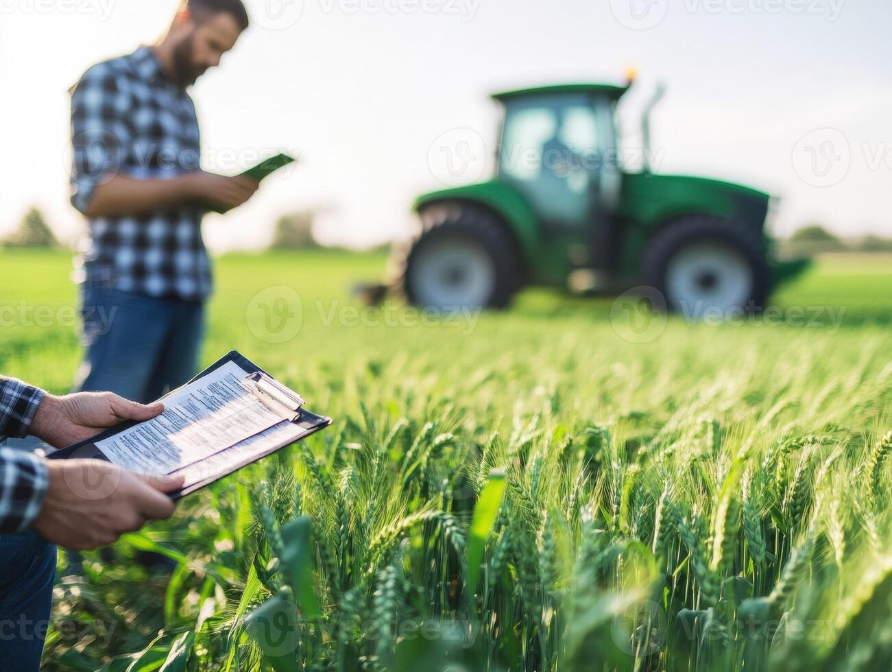 Farmers evaluating crops in a green field with a tractor photo