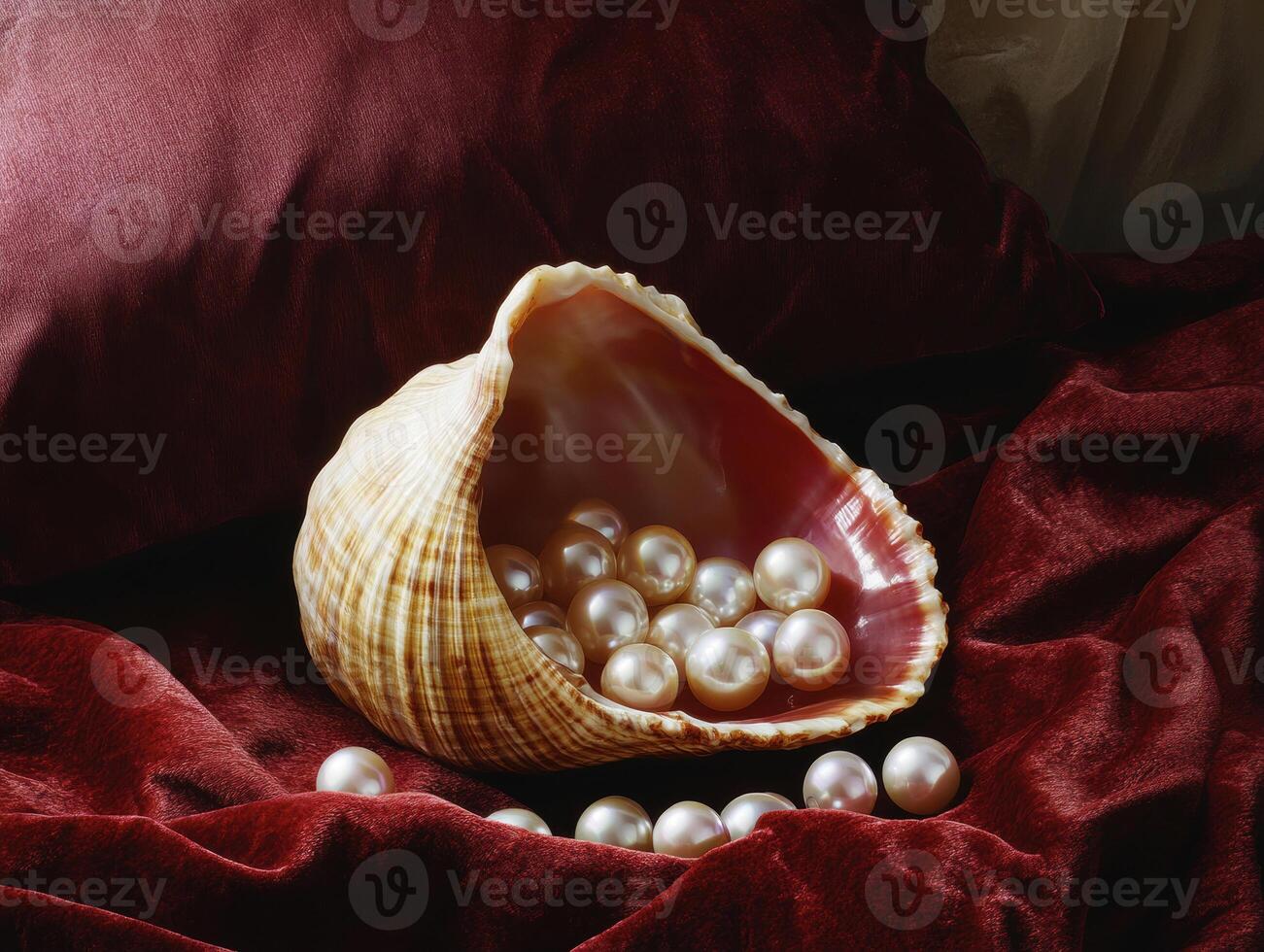 Beautiful pearls resting in a seashell on red velvet fabric photo