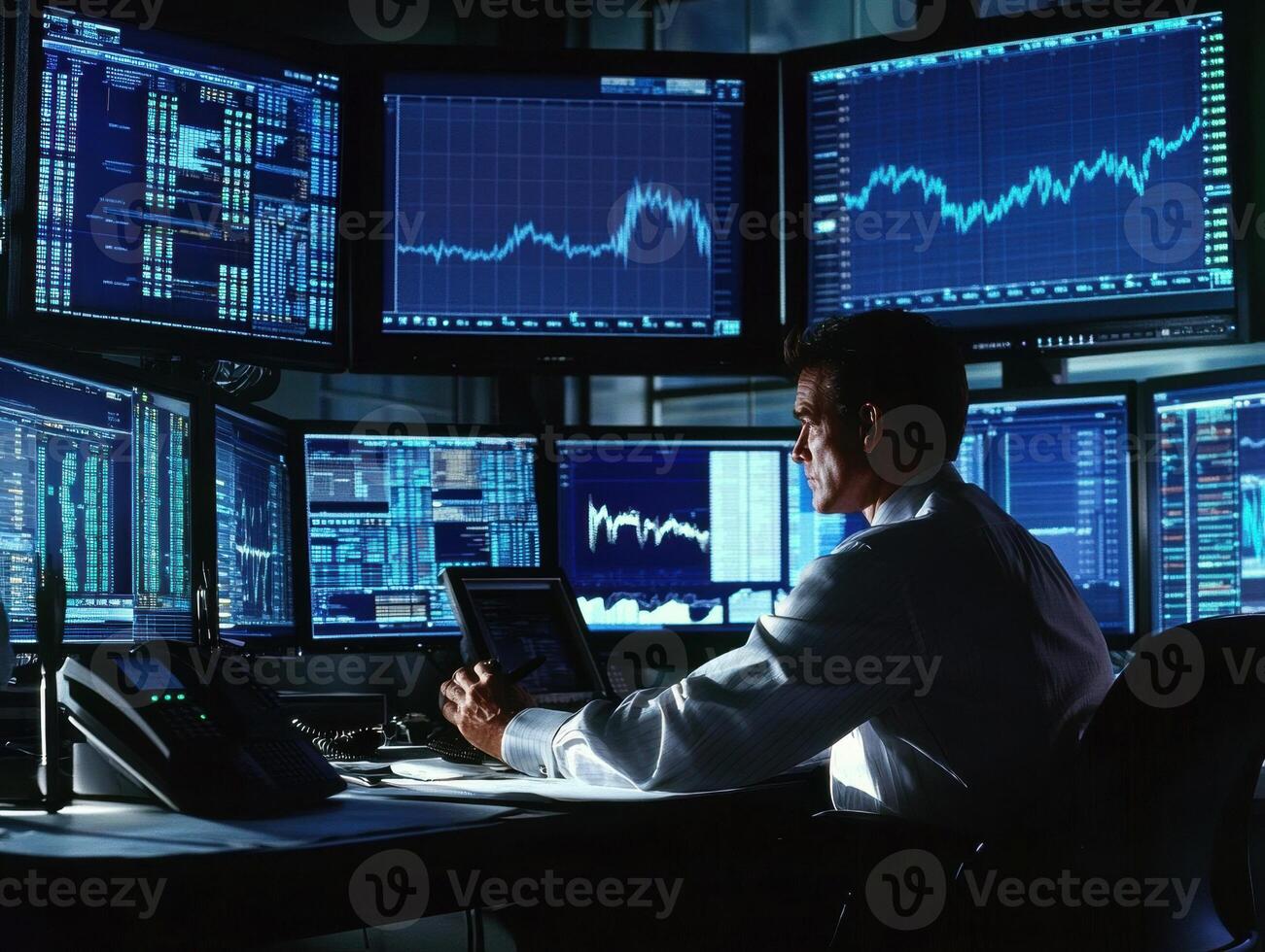 Trader analyzes data in a high-tech office environment at night photo