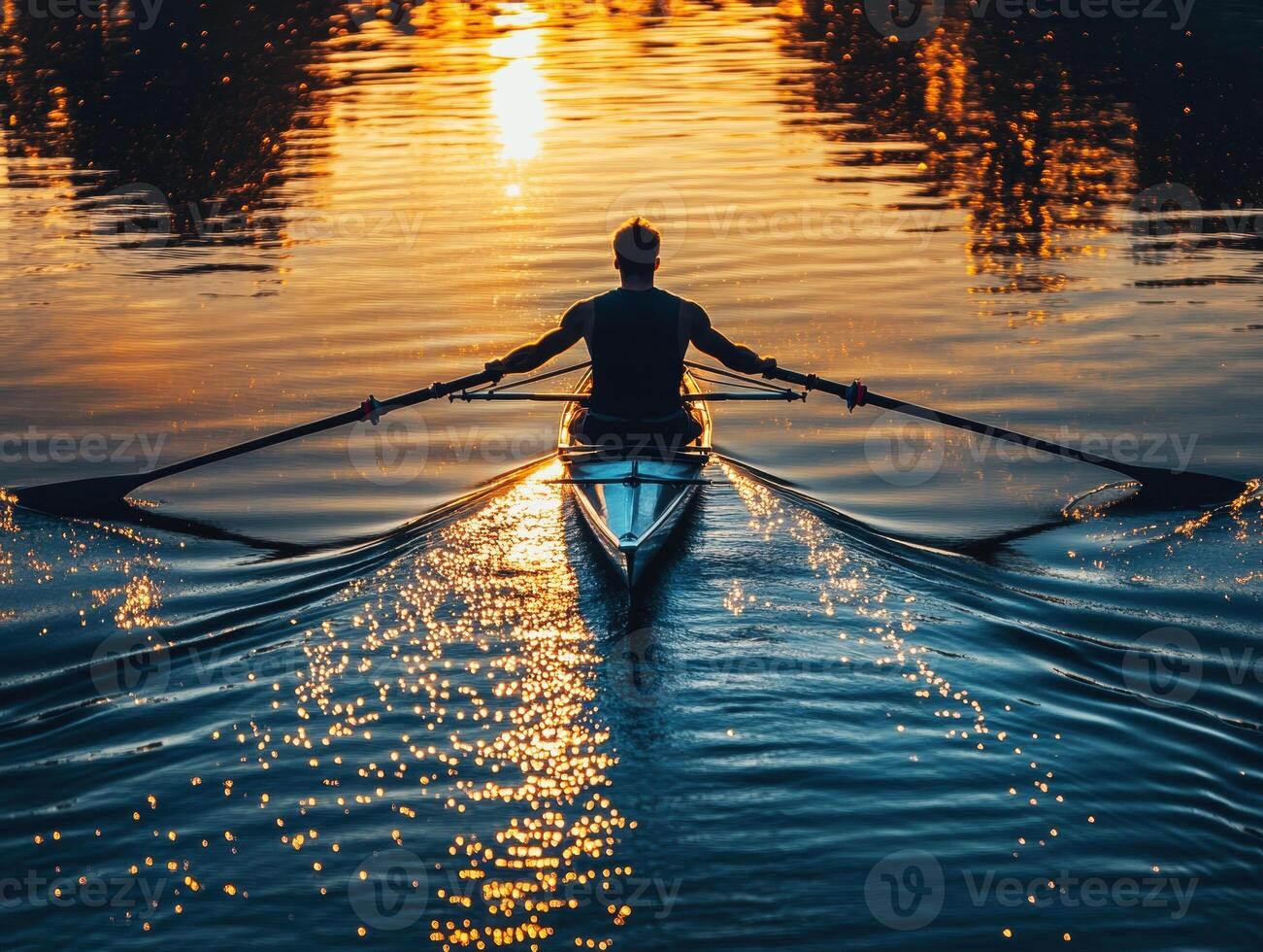 Rowing at sunset on a tranquil lake with golden reflections photo