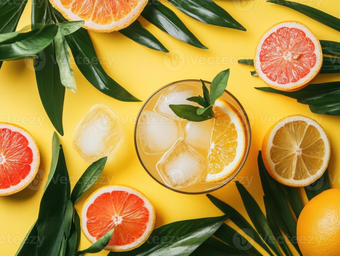 Fresh citrus drink with tropical leaves and vibrant fruit display photo