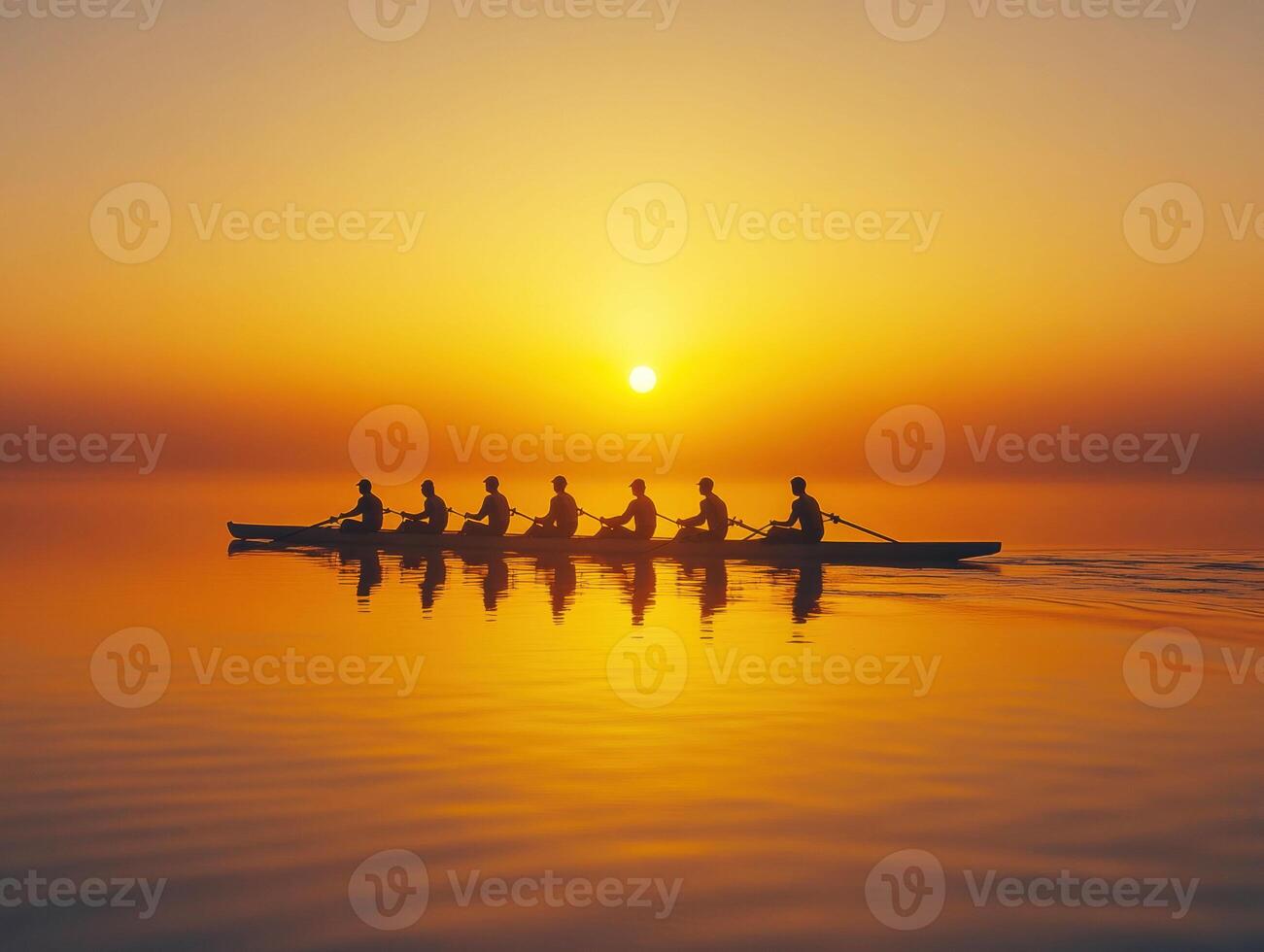Rowers gliding on calm water at sunset in tranquil setting photo