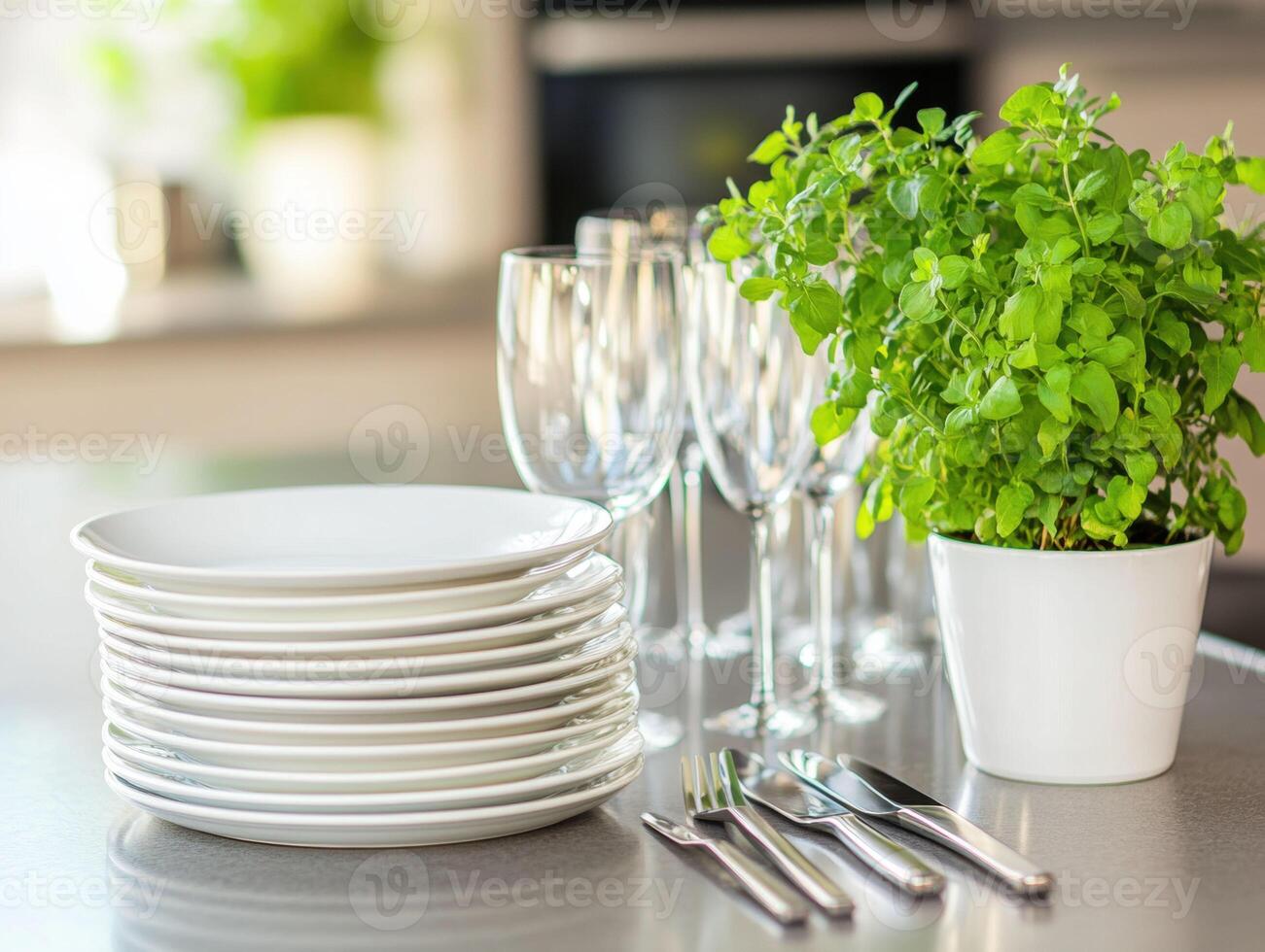 Dining setup with plates, glasses, and herbs on the table photo