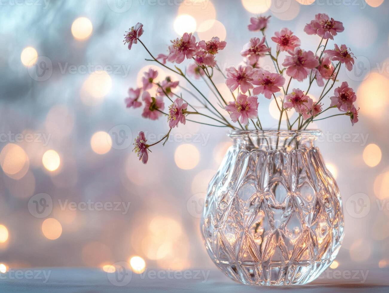 Beautiful pink flowers in crystal vase with soft bokeh background photo