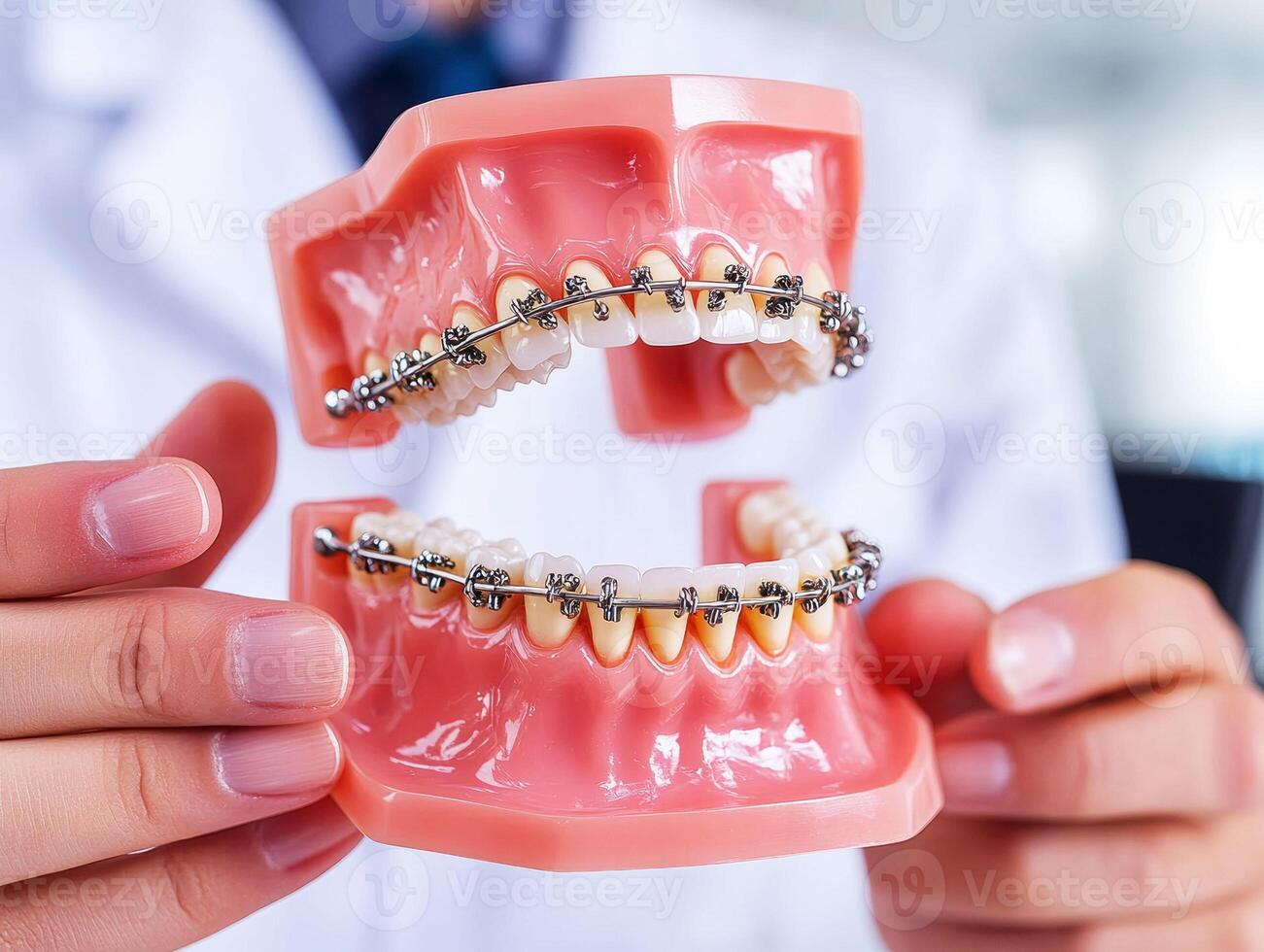 Dental professional demonstrates dental braces on a model photo