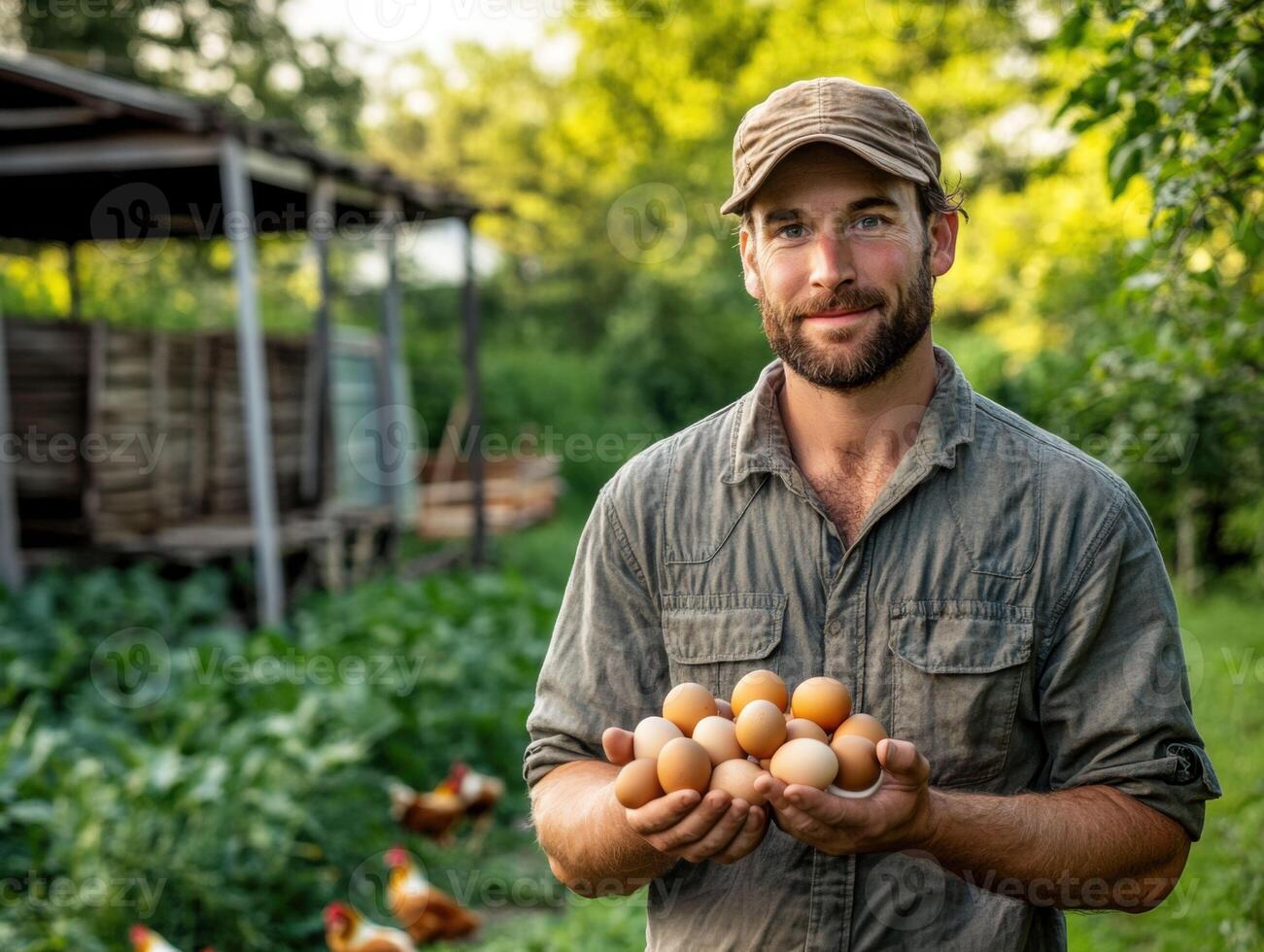 Man holds fresh eggs on a farm in the early morning light photo