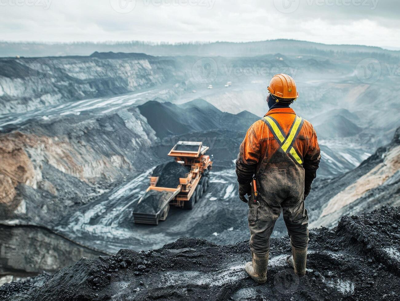 Worker watching mining in a rugged, cloudy landscape photo