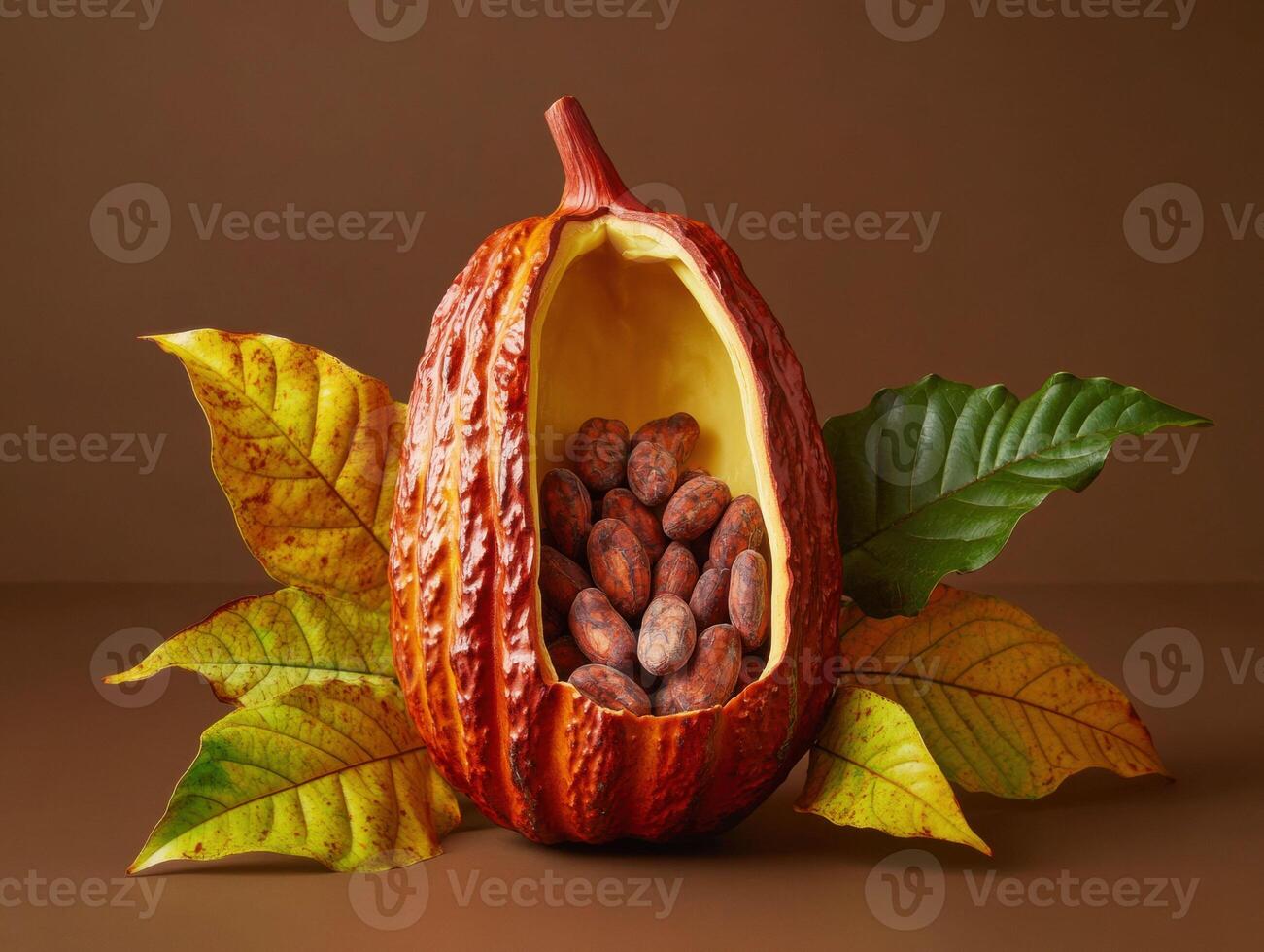 Cocoa pod with cocoa beans and colorful leaves on a brown background photo