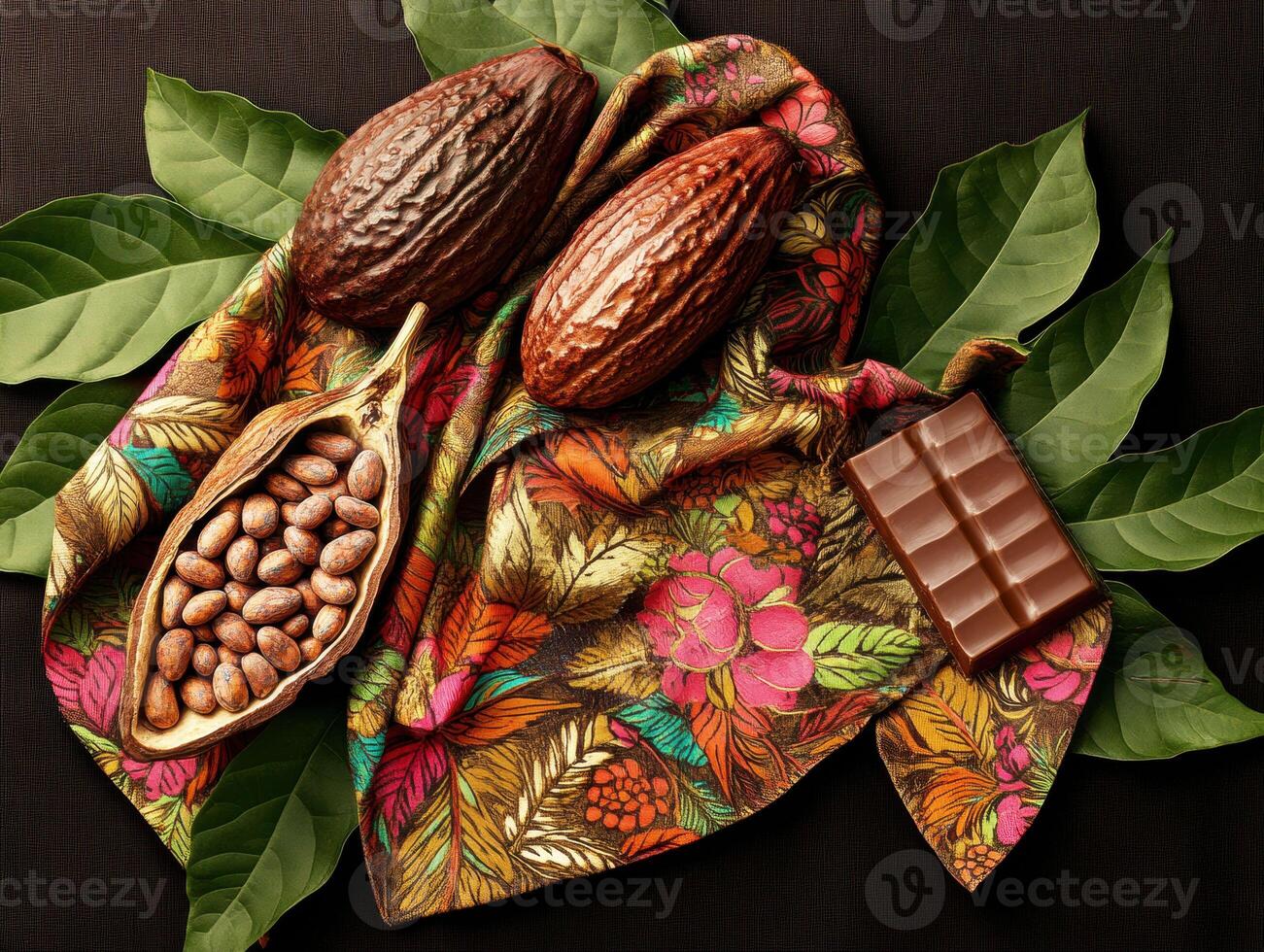 Cacao pods and chocolate pieces on a decorative fabric background photo