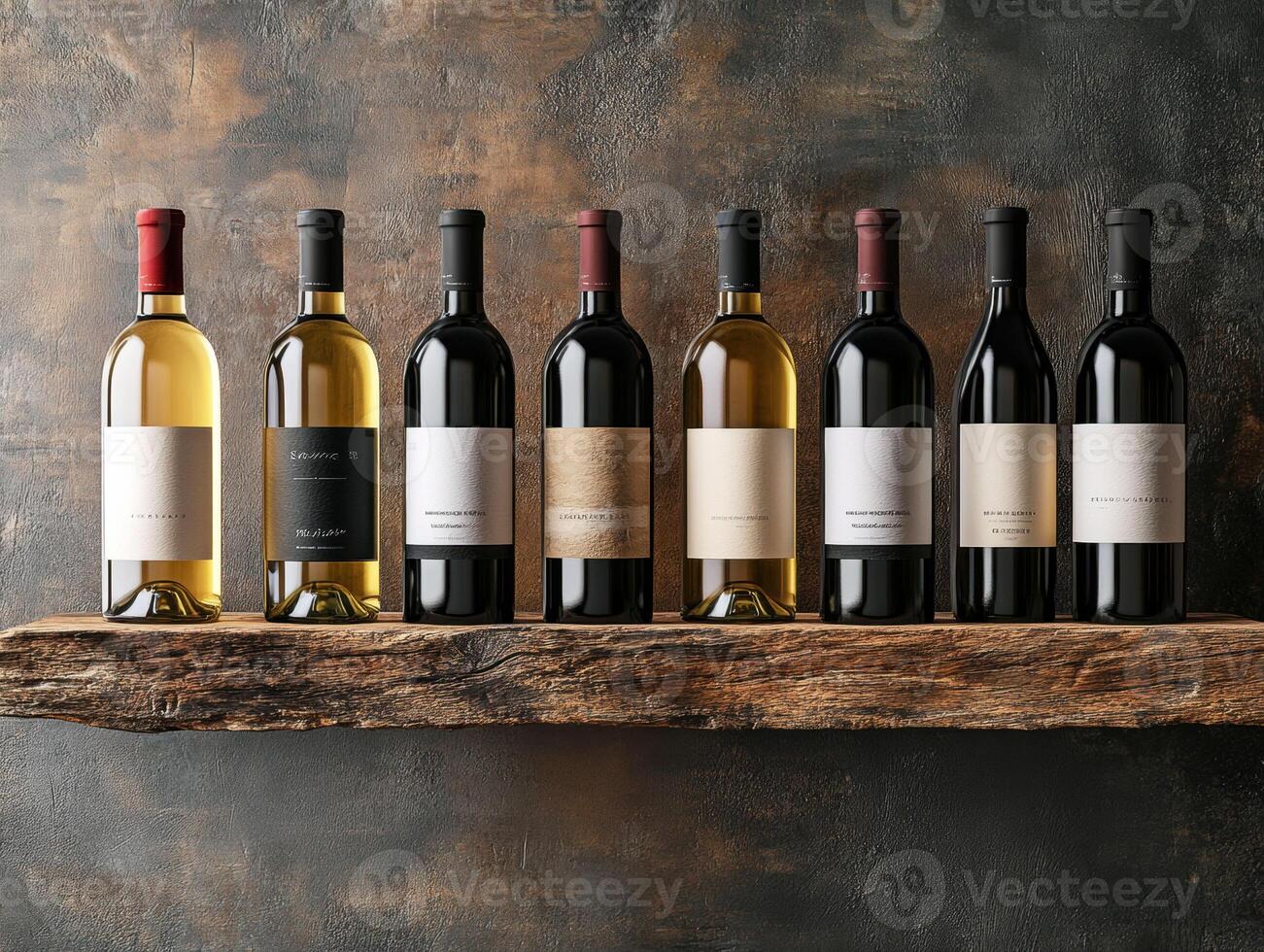 Selection of wine bottles displayed on a rustic wooden shelf photo