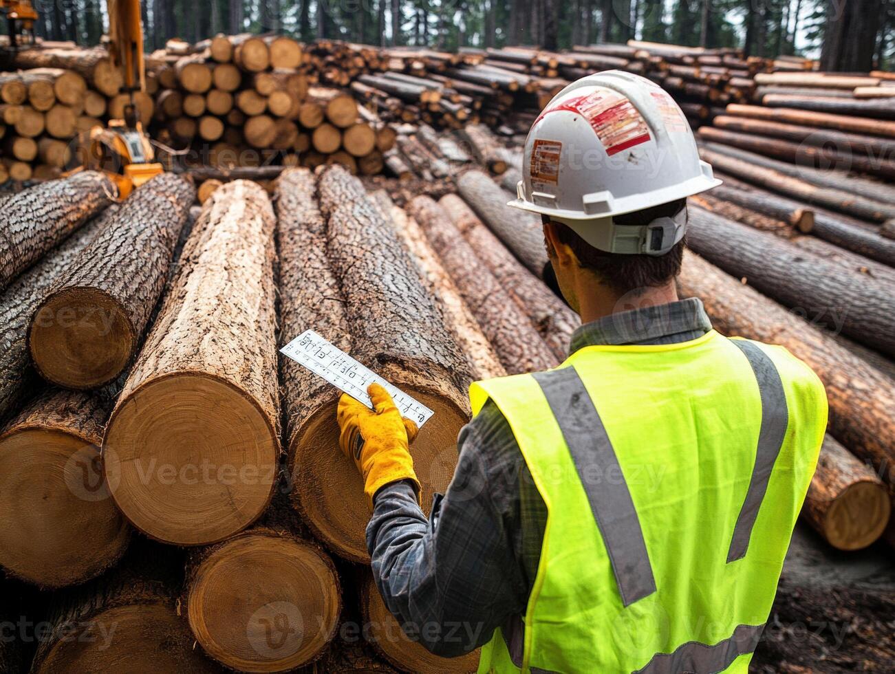 Logging worker assesses timber piles in a forest setting photo
