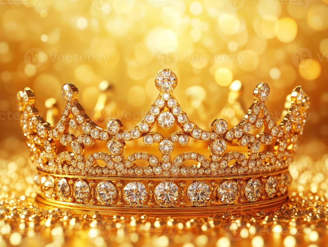 Crown adorned with sparkling gems on a golden background photo