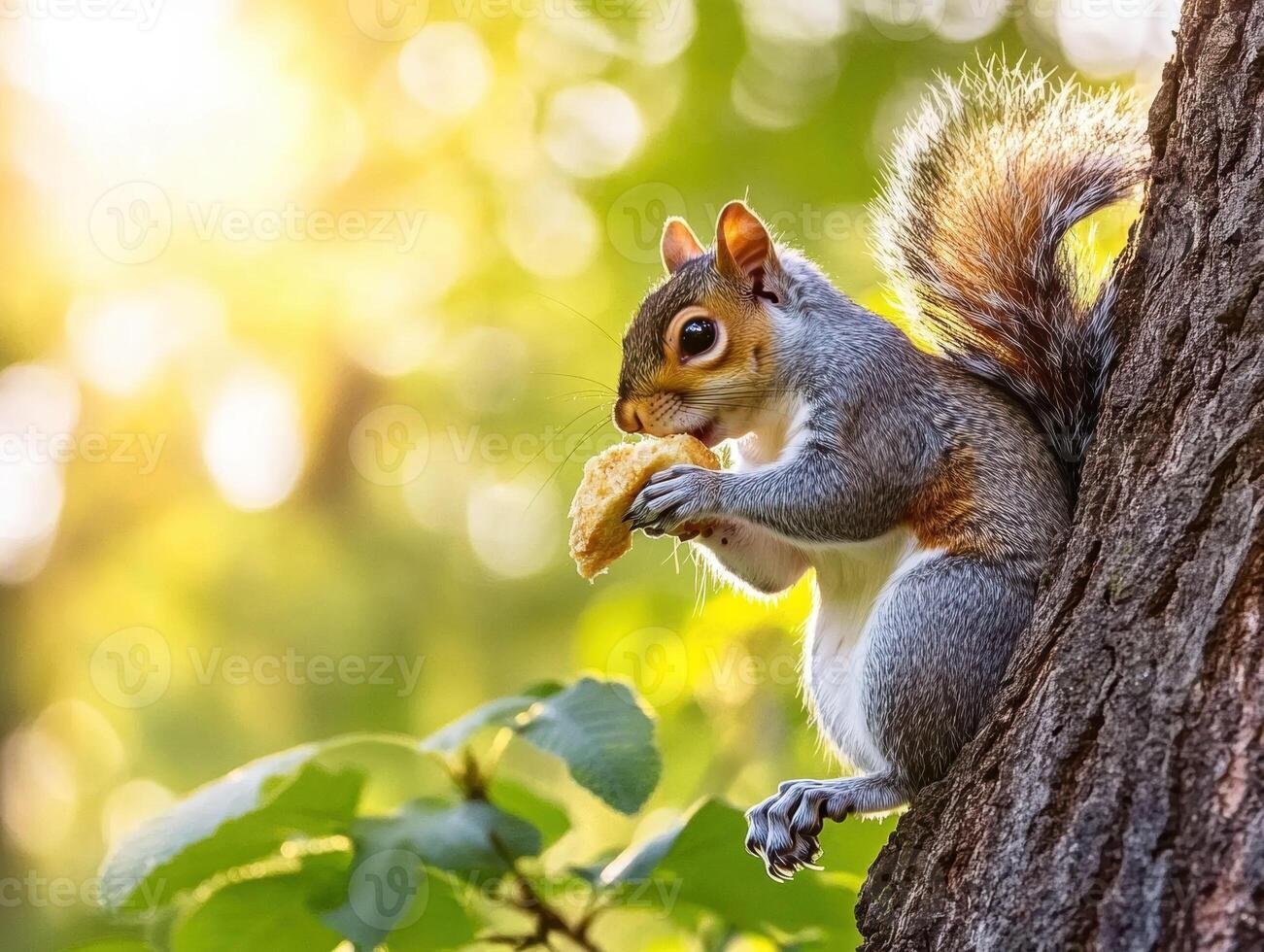 Squirrel enjoying a snack on a tree during golden hour photo
