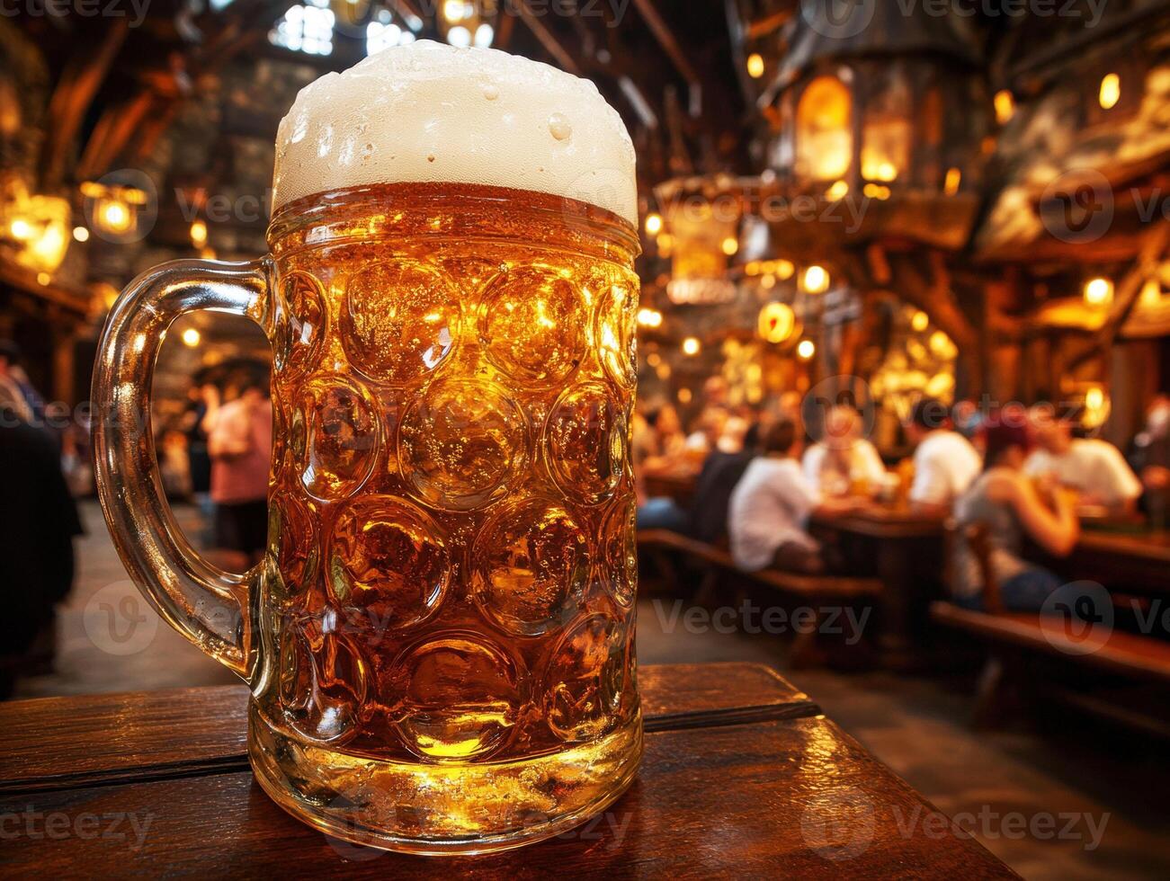 Beer served in rustic tavern during evening gathering with friends photo