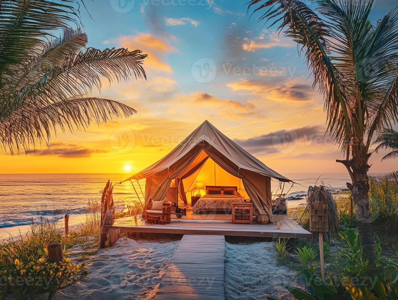 Sunset glamping experience by the beach with palm trees photo