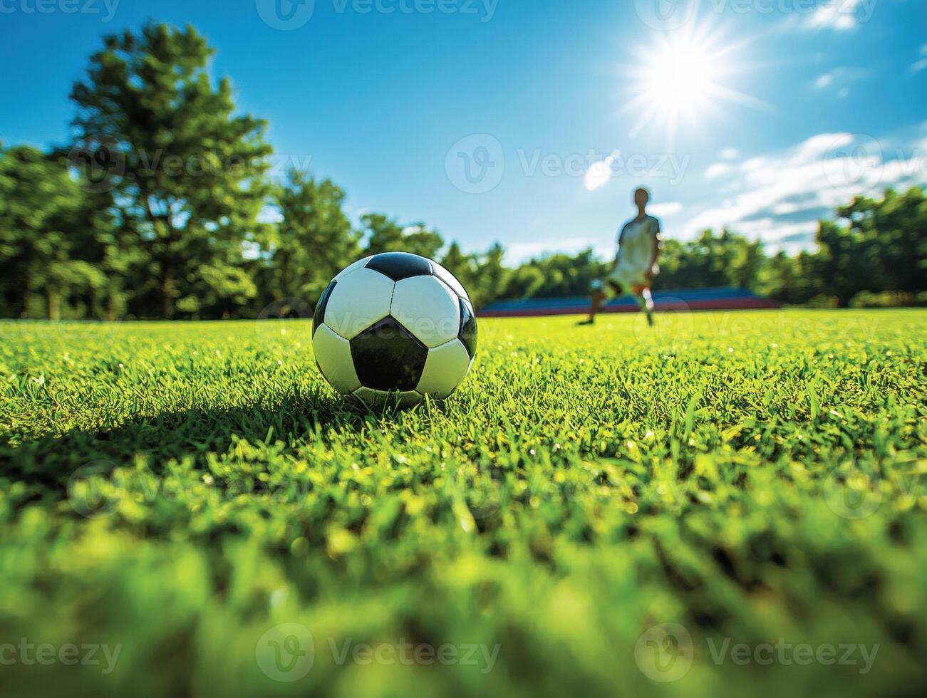 Soccer ball on green field with player in background on sunny day photo