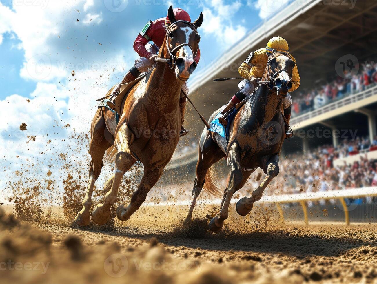 Exciting horse race with jockeys in action at a sunny track photo