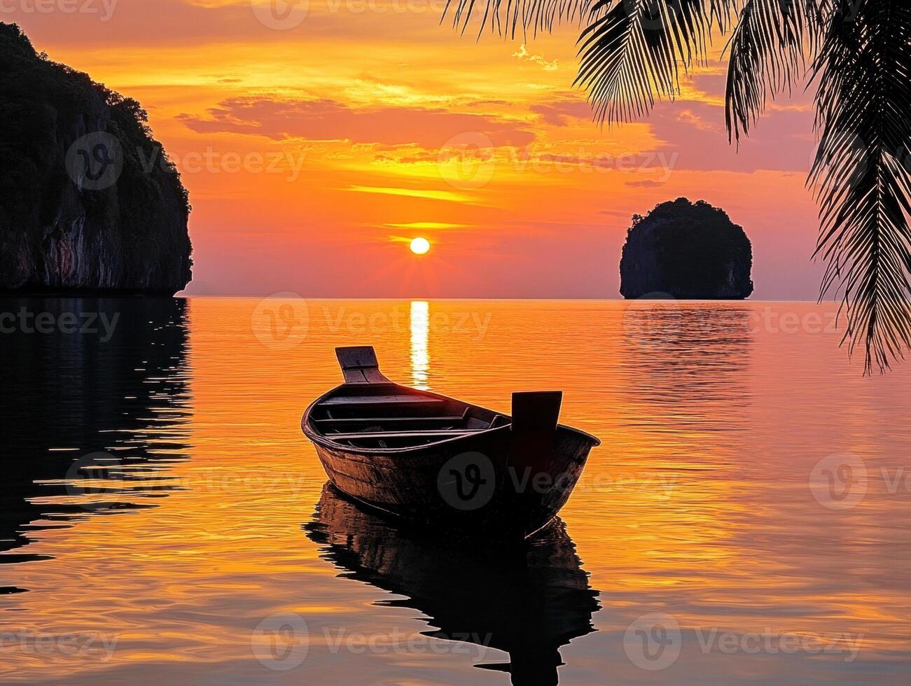 Sunset view over calm waters with a boat and islands in sight photo