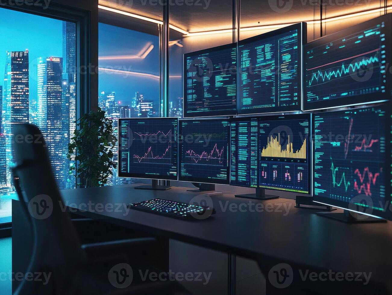 Modern office workspace with multiple screens overlooking city skyline photo