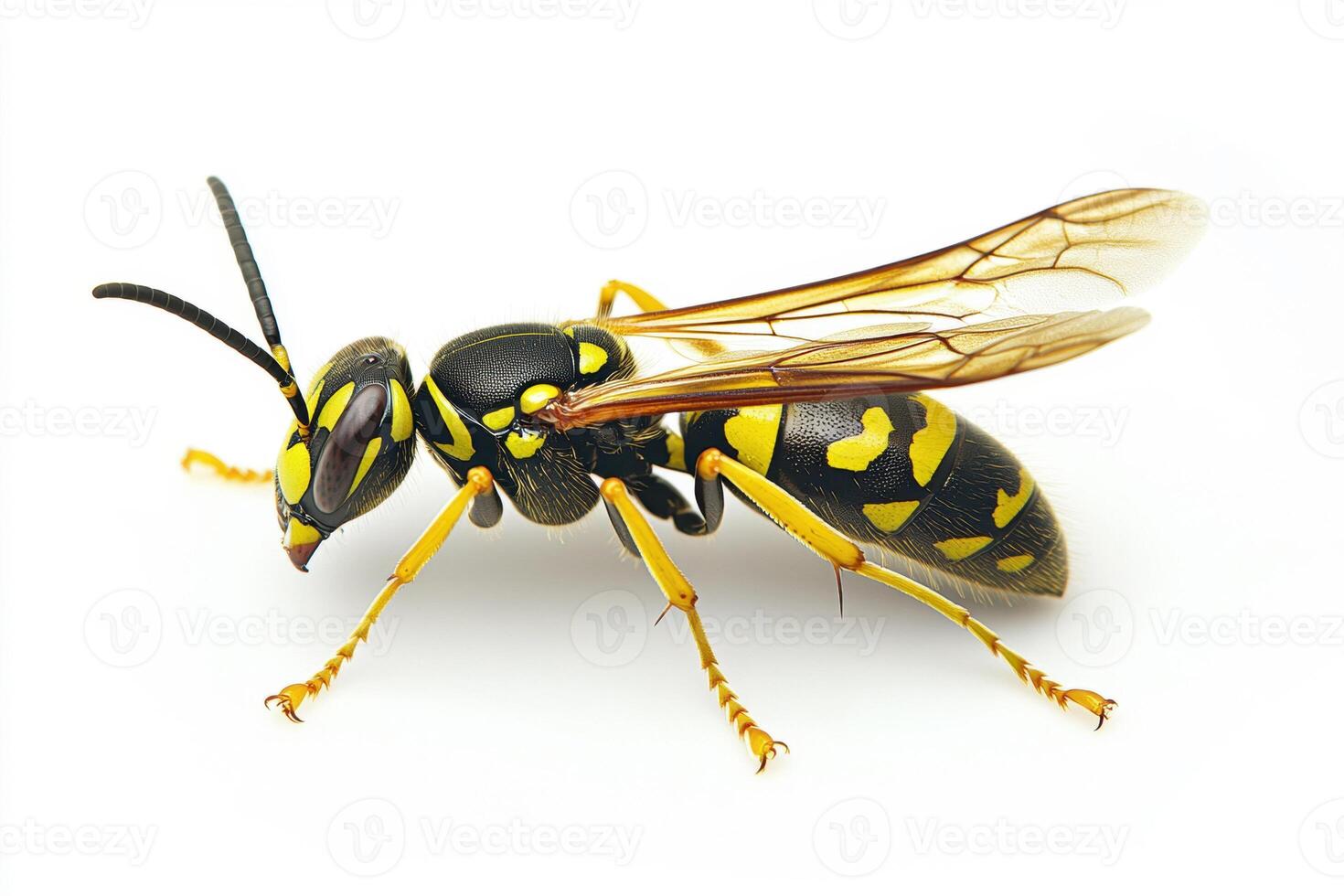 Close-up view of a yellow and black wasp resting on a surface photo