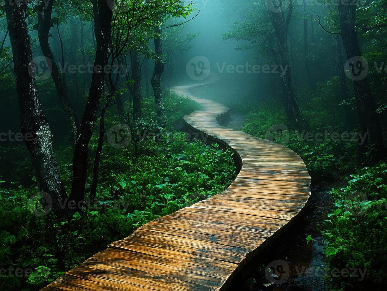 Winding wooden path through misty forest in early morning light photo