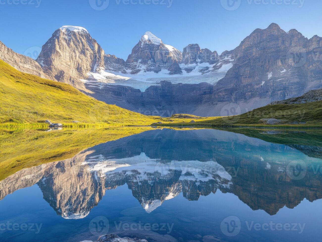 Mountain reflection in tranquil lake at sunrise photo