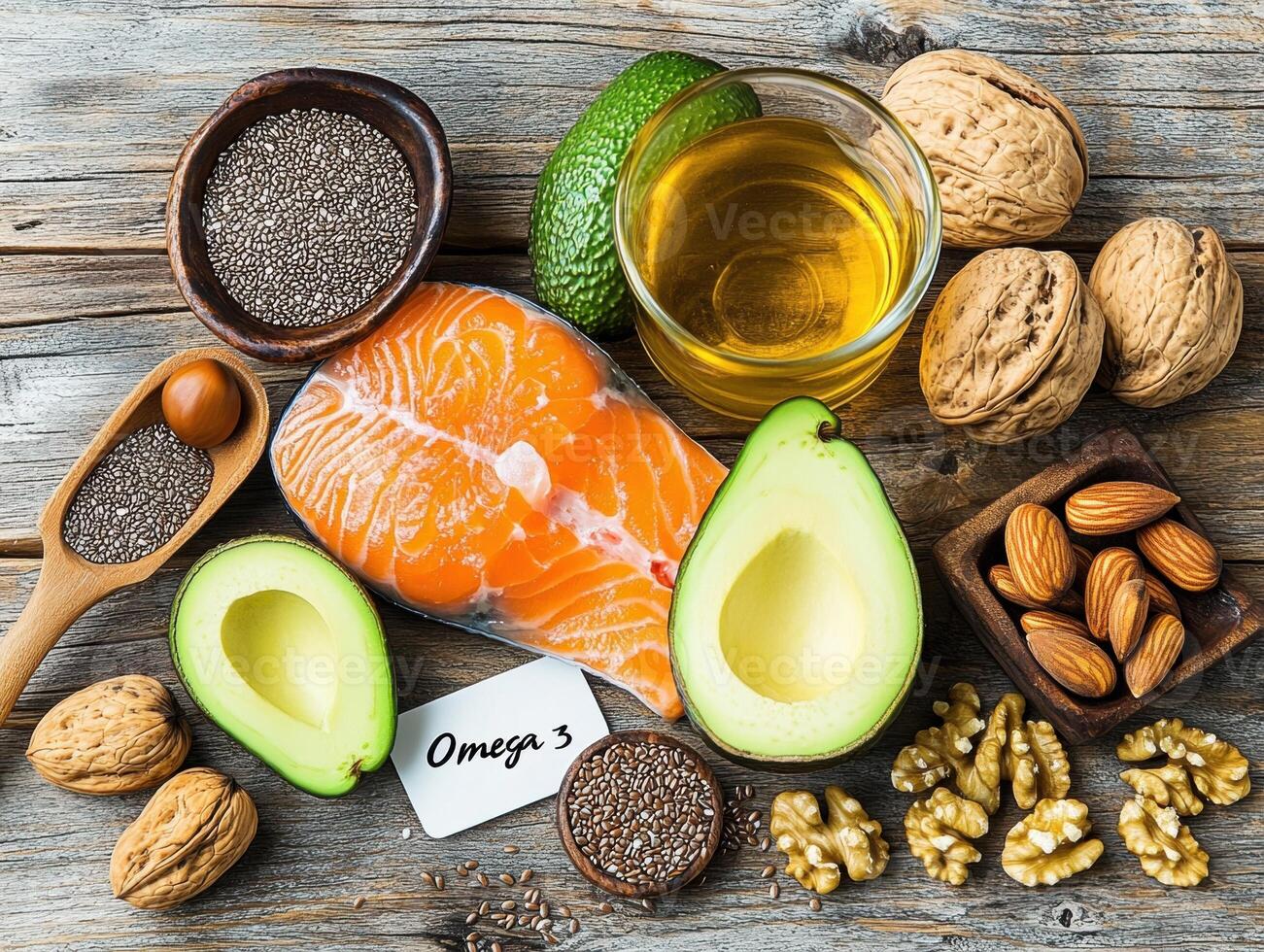 Healthy omega-3 food sources displayed on wooden table photo