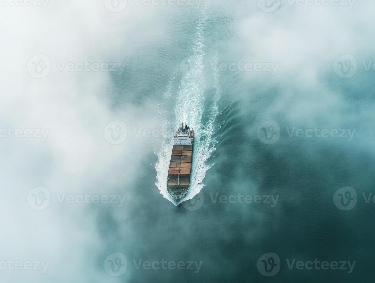 Cargo ship navigating through thick fog on calm waters photo