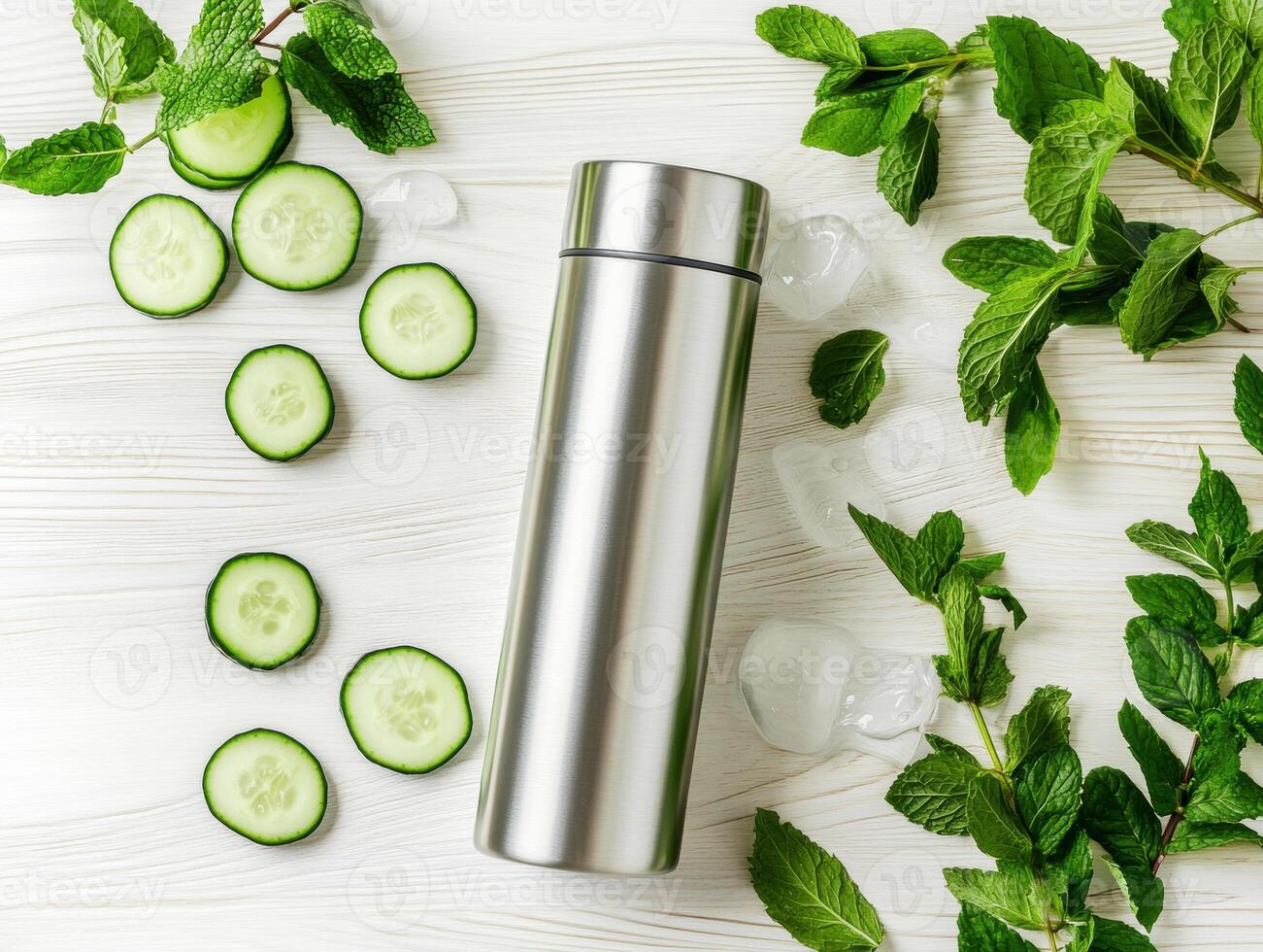 Refreshing mint and cucumber drink preparation on a table photo