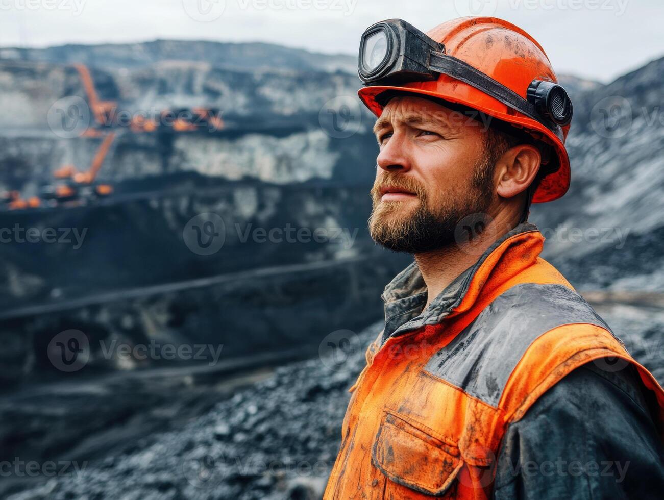 Miner at work observing the open-pit mine in an industrial setting photo