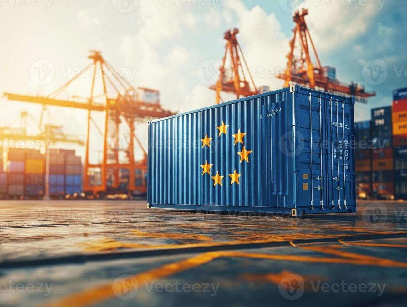 Cargo container with European Union flag at busy shipping port photo