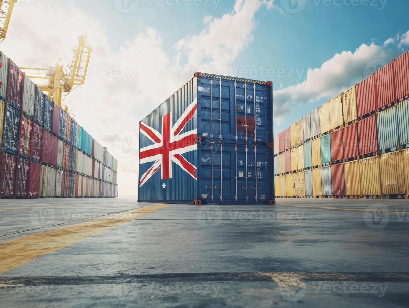 Shipping containers lined up in a sunny port with a flag design photo