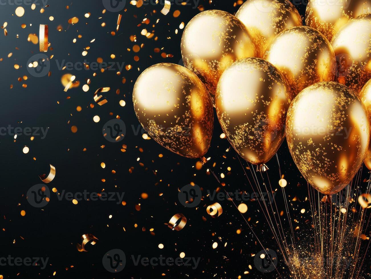 Festive golden balloons with confetti celebrating a special occasion photo