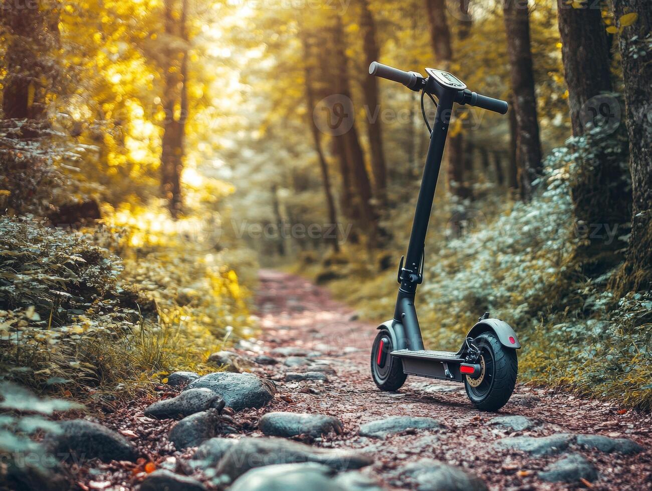 Exploring a forest path with an electric scooter on a sunny day photo