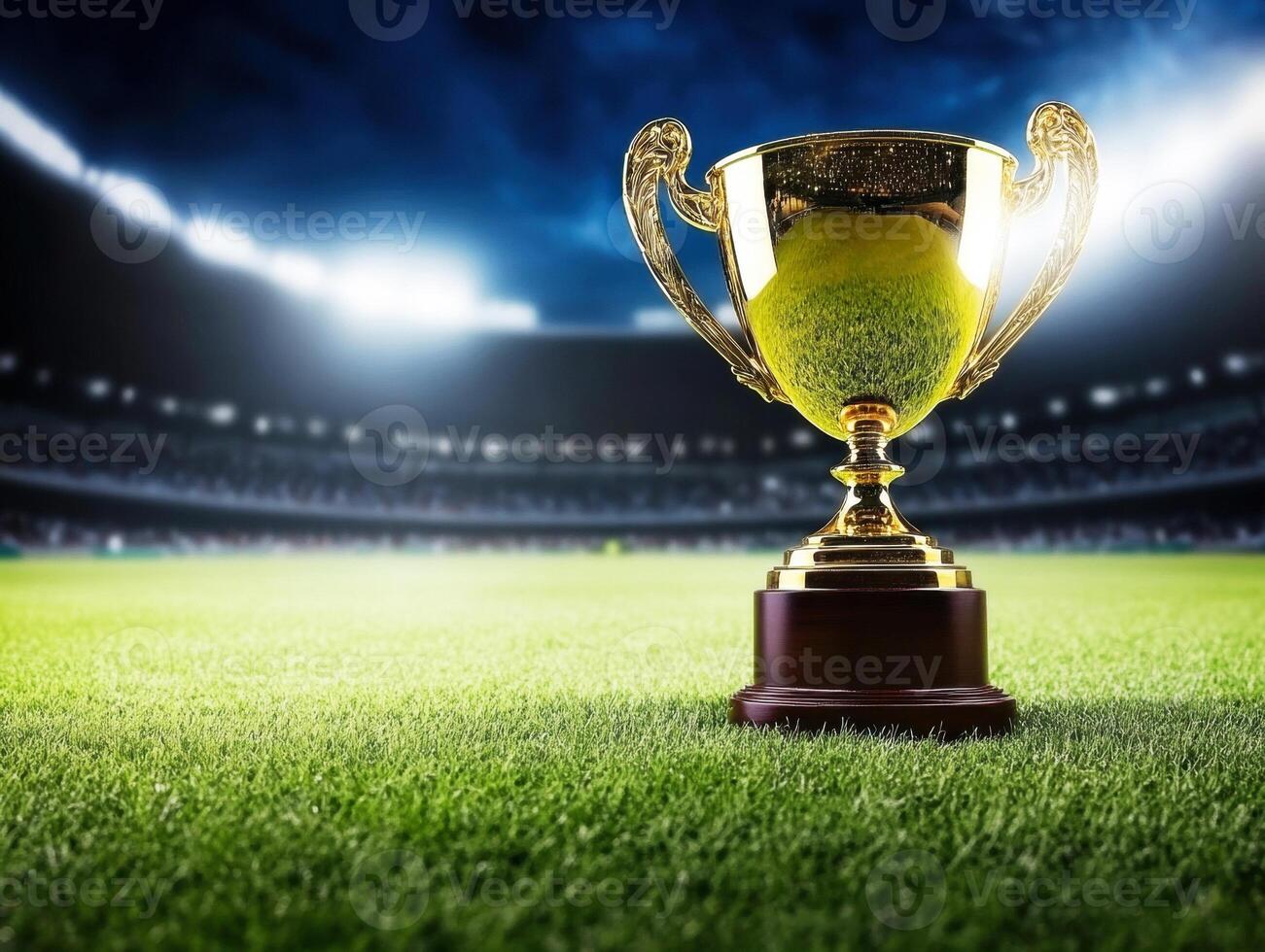 Golden trophy resting on grass at a stadium during an event photo