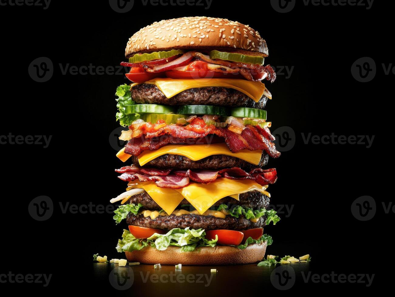 Delicious towering burger with layers of beef and toppings photo