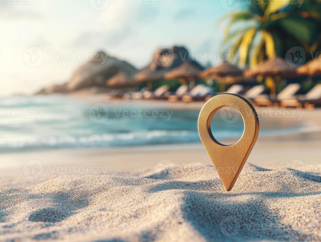 Golden location pin on peaceful beach with palm trees photo