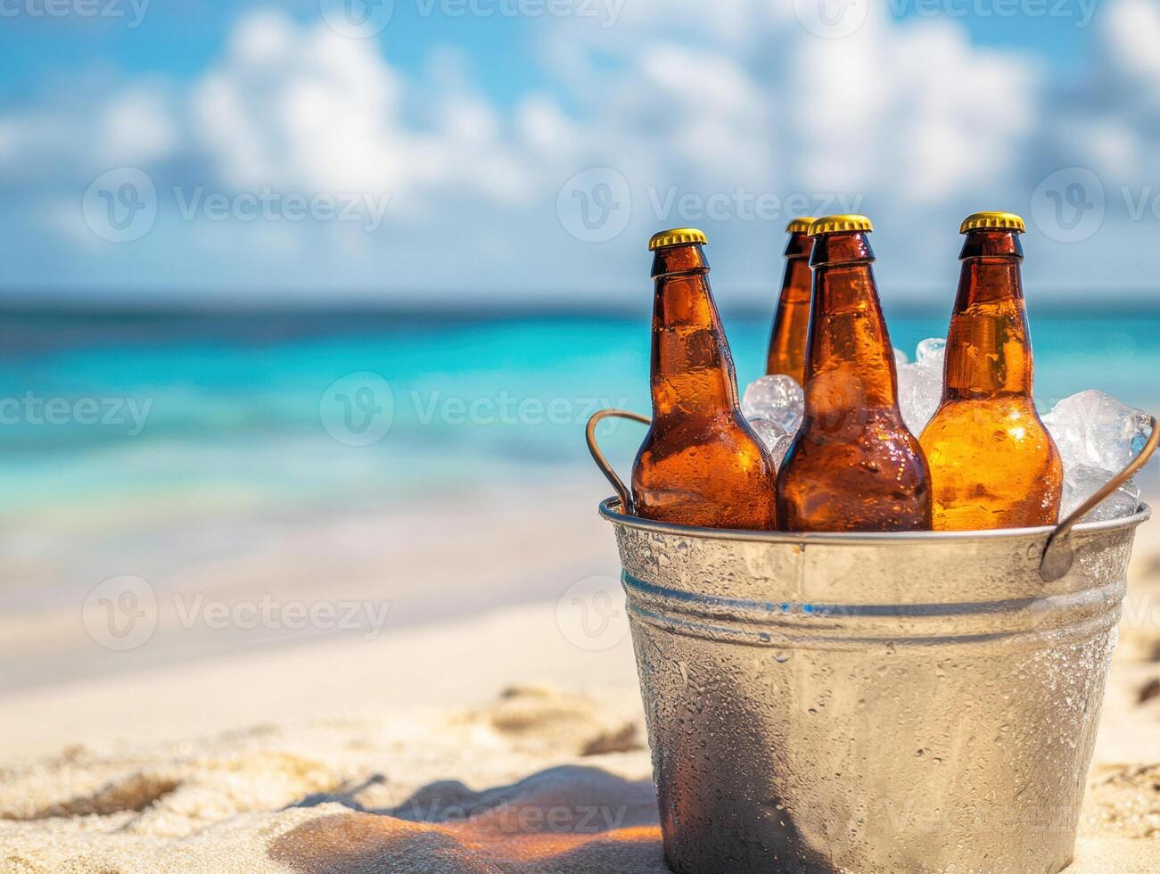 Refreshing drinks in a bucket by the beach on a sunny day photo