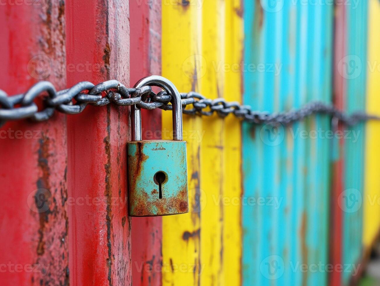 Chain linked padlock securing colorful containers in bright setting photo