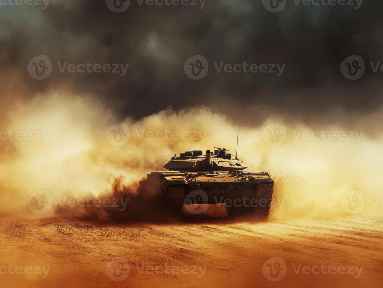 Military tank traverses dusty terrain during a dramatic cloudy day photo