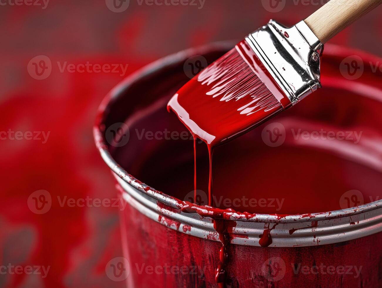 Red paintbrush dipped in vibrant color over open paint can photo