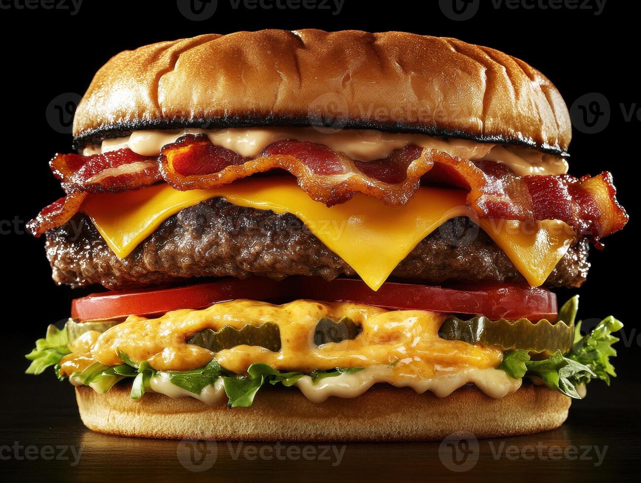 Juicy cheeseburger with bacon and fresh toppings ready to eat photo