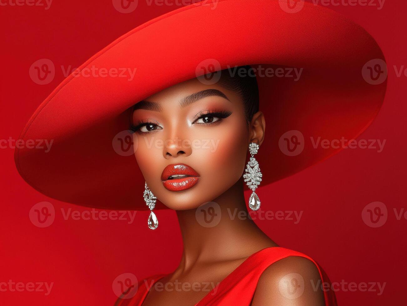 Elegant model wearing a striking red hat and makeup in studio photo