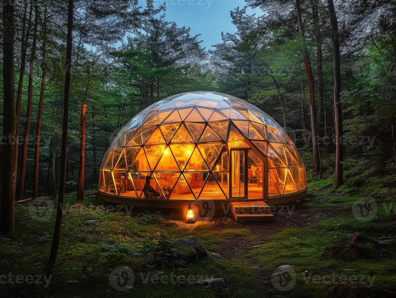 Glass dome cabin illuminated at night in a forest setting photo