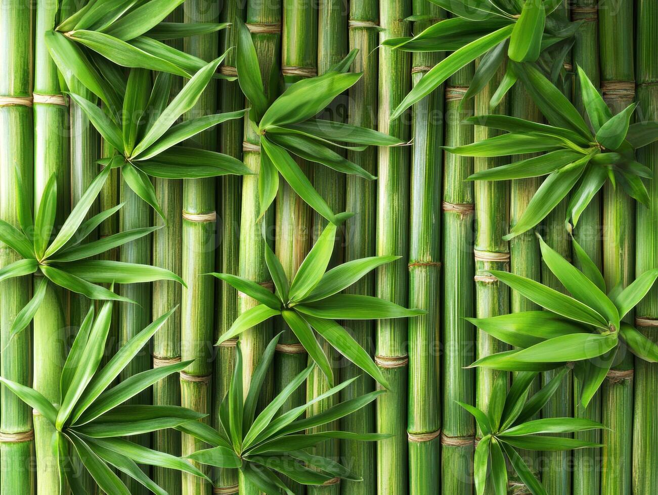Bamboo and leaves arranged in a natural pattern on green background photo