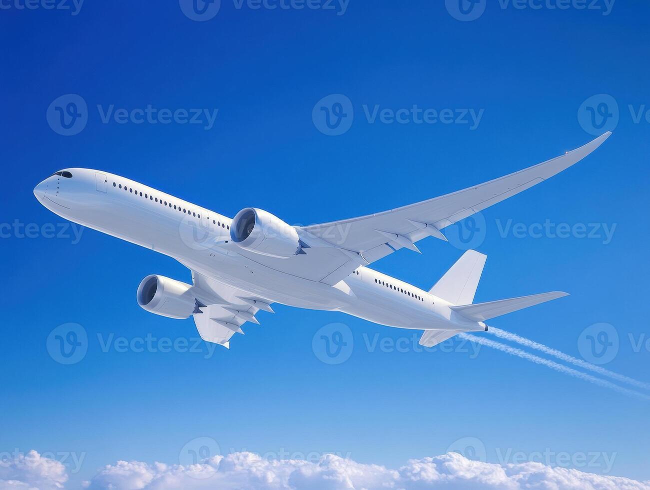 Large passenger airplane flying high above clouds in clear blue sky photo