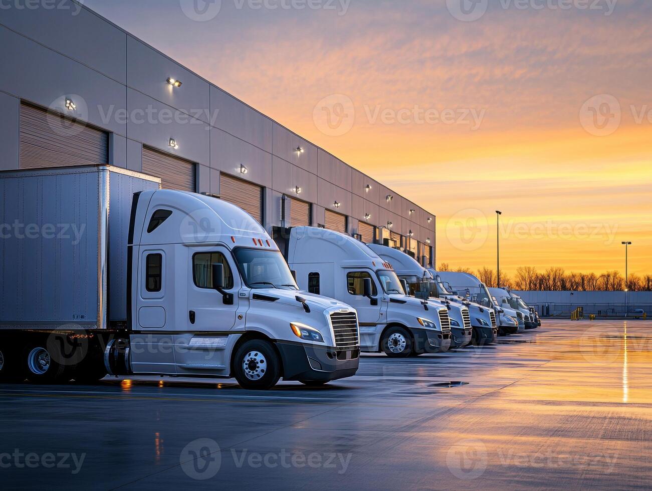 Trucks lined up at a distribution center during sunrise photo