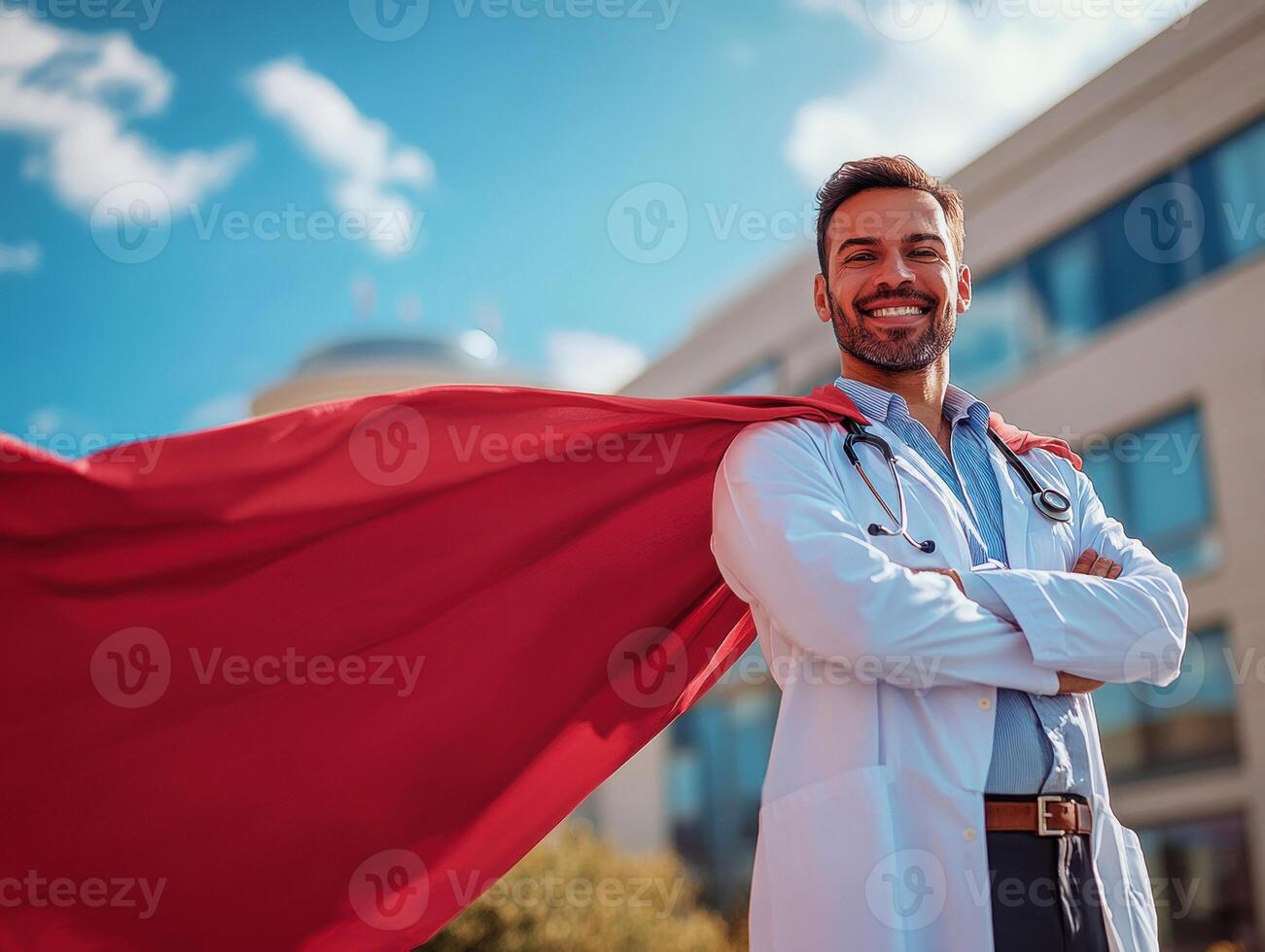 Doctor wearing a red cape poses confidently in front of hospital photo