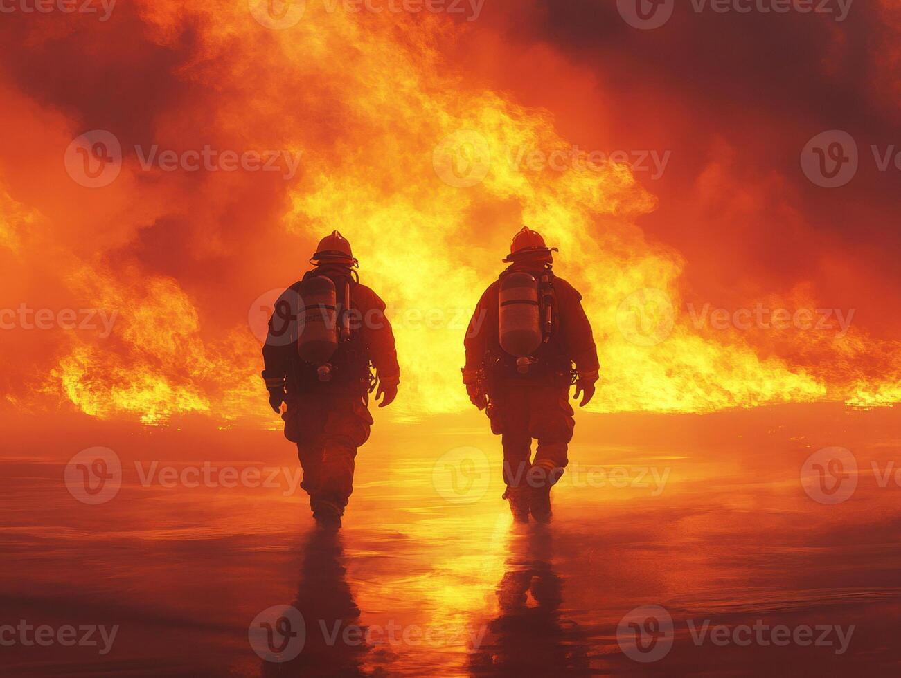 Firefighters advancing through flames during a fierce blaze photo